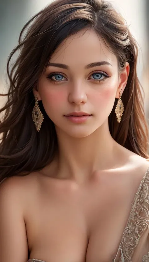 (Realistic:2), complex, glowing, highly, focused, wonderful, detail, detailed eyes, Perfect features, (masterpiece), (best quality), (good quality), intricate details, earrings, Ray Tracing, (Depth of field), natural skin, (cleavage:1),