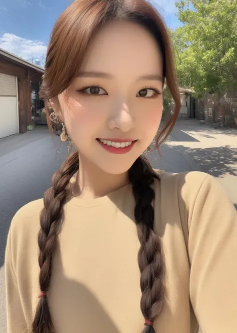 <lora:Olivia_Hye:1>, beautiful Korean girl, braided hair, (perfect eyes:1.2), symmetrical eyes, (pureerosface_v1:0.2), ((facing viewer)), (8k,RAW photo, best quality, masterpiece:1.2), (realistic, photo realistic:1.4), (extremely detailed CG unity 8k wallpaper), (masterpiece), (best quality), (ultra-detailed), (best illustration), (best shadow), ultra-high res, full body, outdoors, cute outfit, slight smile,