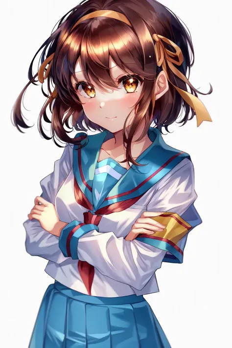 pinastyle, perfect image, 1girl, kita high school uniform, sailor collar, suzumiya haruhi, school uniform, armband, winter uniform, skirt, blue sailor collar, blue skirt, hairband, ribbon, serafuku, red ribbon, long sleeves, brown hair, simple background, white background, crossed arms, closed mouth, short hair, bangs, brown eyes, looking at viewer, hair ribbon, shirt, white shirt, yellow hairband, hair between eyes