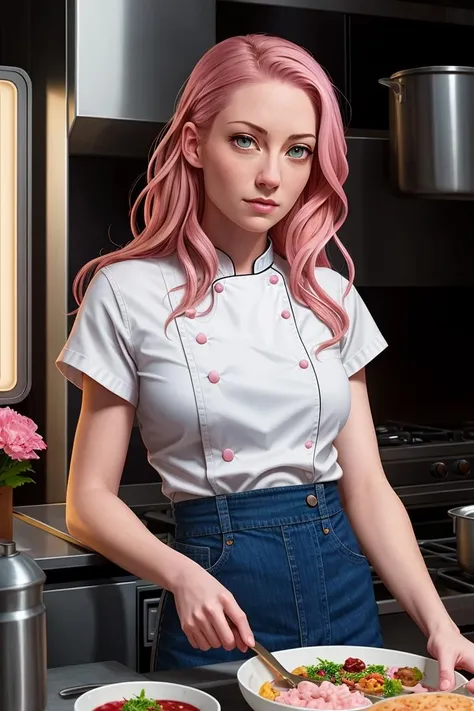 woman, solo, chef, pink hair, light pink eyes, detailed face, chyleigh:0.99, (thepit style, uodenim style, stanleylau style, :0.9), masterpiece, professional, high quality, beautiful, amazing, sci-fi, ConceptArtWorld, chanchanko, Steve Dillon, Jean Giraud, photoshoot, 4k, realistic, detailed background, aspiring, real life,