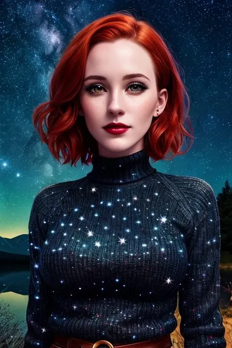 photo of rachelbro:0.99, a woman with ((short hair)),((pale skin, red hair)), ((cowboy shot, waist, hips, thighs):1.2), ((turtleneck sweater dress):1.2),((walking,outdoors, city street, at night):1.2),((detailed face, beautiful face, detailed eyes, beautiful eyes):1.1), ((lipstick, eyeliner, eye shadow):1.2),((best quality, masterpiece, extreme details):1.2) ((detailed eyes, detailed face):1.2), woman, solo, closeup, beautiful, sexy, cleavage, portrait, full body, looking at looking at viewer, magic colorful forest,fluffy tree, blue sky,mountain,4k, concept art,oil painting, realistic trees, beautiful, green grass, fog, stars, supernova, stars at sky, magical, night, dark,big galaxy,glowing stars, star light, falling star,comet, lake,water, reflection, adorable, (extraordinary:0.6),