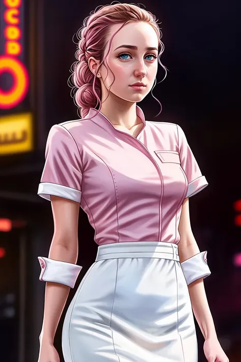 woman, solo, chef, pink hair, light pink eyes, detailed face, emmaf:0.99, (thepit style, uodenim style, stanleylau style, :0.9), masterpiece, professional, high quality, beautiful, amazing, sci-fi, ConceptArtWorld, chanchanko, Steve Dillon, Jean Giraud, photoshoot, 4k, realistic, detailed background, aspiring, real life,