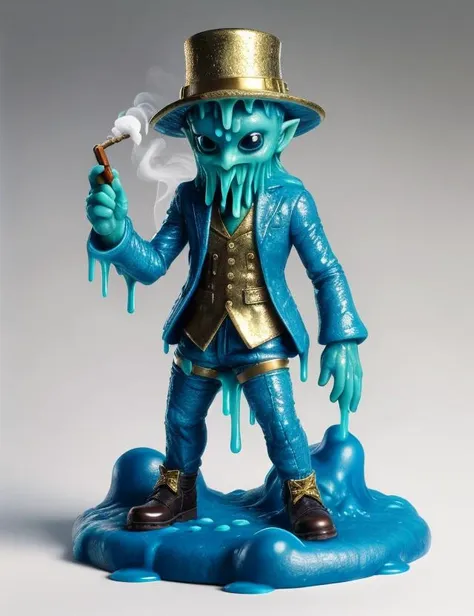 hyper detailed masterpiece, dynamic, awesome quality, DonMFr0stSl1m3, frost, slime,kachima, small humanoid creature, beard, hat, green clothing, 0.3:gold trim, buckled shoes and stockings, playful expression, pot of gold, smoking a pipe, short stature, 2 feet tall, tricky, mischievous
 <lora:DonMFr0stSl1m3:0.8>