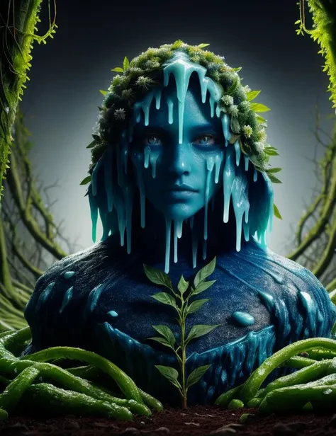 hyper detailed masterpiece, dynamic, awesome quality, DonMFr0stSl1m3, frost, slime,alraune, plant hybrid,plant-based humanoid, alluring appearance, floral elements, green leaf-like bark-like skin, vines and roots as hair, varied and mystical attire, mesmerizing or hypnotic eyes, plant-based accessories or ornaments, urban,glum,languages,high-performance,restrictive,sin,thought-provoking,cheerful,shrouded,tense
 <lora:DonMFr0stSl1m3:0.8>