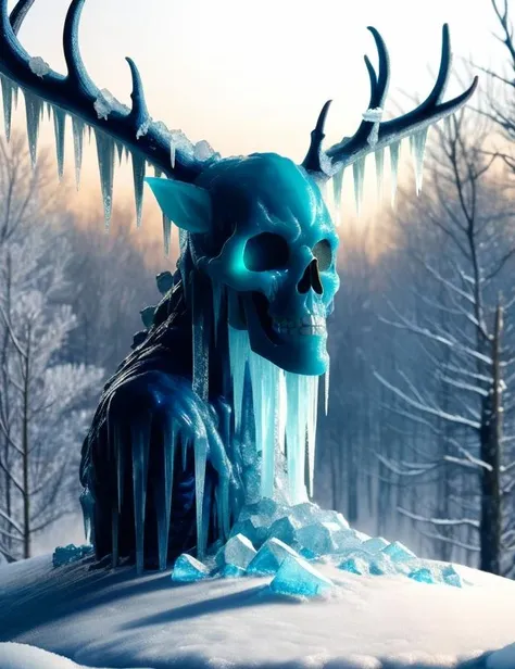 hyper detailed masterpiece, dynamic, awesome quality, DonMFr0stSl1m3 pixie, mythical creature, gaunt emaciated humanoid, skull-like antlered head, sharp elongated talons covered in ice and frost and rime, winter wilderness, glowing eyes, curse, supernatural transformation
 <lora:DonMFr0stSl1m3:1>