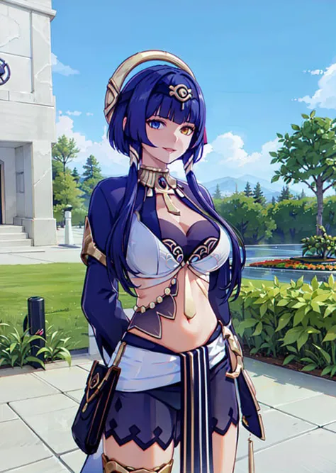 candace_genshin, 1 girl,solo,(1 girl in the photo:1.5),(alone:1.5),center_frills, bonnet, masterpiece,(kpop idol),(realistic:1.7),((best quality)),absurdres,(ultra high res),(photorealistic:1.6),photorealistic,octane render,(hyperrealistic:1.2),(perfect face), (photorealistic face:1.2), (8k), (4k), (Masterpiece),(realistic skin texture), (illustration, cinematic lighting,wallpaper),(smile:1.2),standing,(arms behind back:1.8),(looking at viewer:1.4),(upperbody:1.3),hair ornament, blue hair, twintails, short hair, jewelry, navel, small breasts, heterochromia, left yellow eye, right blue eye, tan skin, dark lace panties, thigh strap, a cloth wrapped around the waist, stomach cutout, wristwear,(gigantic breasts:1.5),huge breasts, outdoors,park,(flowers:1.5),lawn,(fountain1.5),god ray,sunny,<lora:candace-000016:0.7> ,<lora:koreanDollLikeness_v15:0.4> ,<lora:chilloutmixss_xss10:0.45> ,