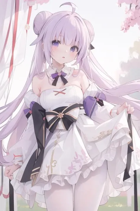 (masterpiece, best quality, ultra high res),
realistic,photography,solo,blush,1girl,ahoge,white dress,light purple hair,long hair,white pantyhose,detached sleeves,detached collar,single_side_bun,hair_bun,single_hair_bun,skirt lift,outdoors,<lora:unicorn_20230723182837:0.8>,