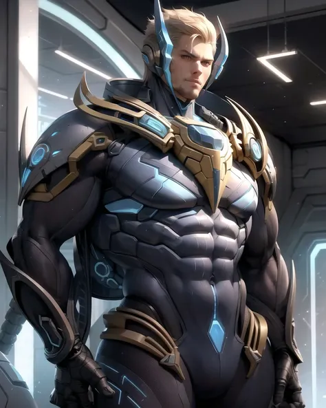 best quality, <lora:ProtossAI:1> ProtossAI, sci fi, muscular male, bara, male focus, (large pectorals:1.1), looking at viewer, (robot joints:0.7), (android:0.8), (cyborg:0.8)