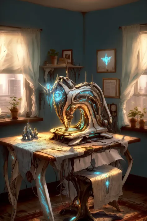 Sewing machine on desk, ProtossAI, <lora:ProtossAI:1>, no humans, indoors, close up