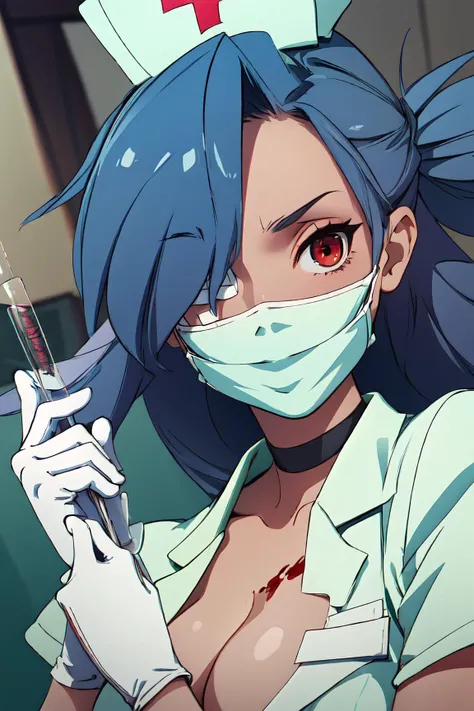 ((masterpiece, high quality, best quality, highres, ultra-detailed, 8k:1.4)), valentineSG, 1girl, solo, breasts, smile, red eyes, large breasts, gloves, hat, cleavage, ponytail, choker, white gloves, hair over one eye, blood, blood on face, blood on clothes,  mask, ((medical eyepatch)), between breasts, scar, nurse cap, mouth mask, nurse, syringe, between fingers, surgical mask, thermometer, emergence room, creepy atmosphera, depth of field,  <lora:Valentine Skullgirls:1>