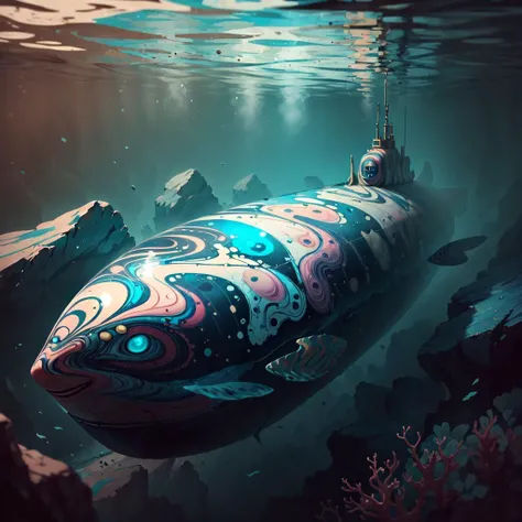 <lora:MarblingAI:.8>, MarblingAI submarine underwater