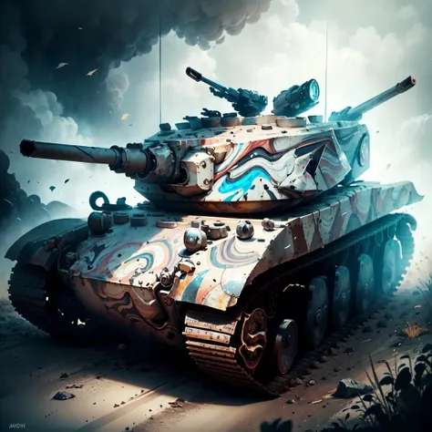 <lora:MarblingAI:.8>, MarblingAI tank, on battlefield