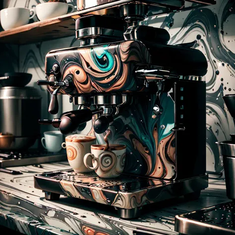 <lora:MarblingAI:.8>, MarblingAI coffee machine in kitchen
