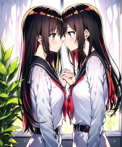 colorful,multiple girls,2girls,long hair,multicolored hair,red eyes,multicolored eyes,ribbon,yuri,school uniform,hair ribbon,looking at another,eye contact,brown hair,belt,dress,long sleeves,bangs,serafuku,profile,black hair,sailor collar,black ribbon,interlocked fingers,closed mouth,eyebrows visible through hair,holding hands,neckerchief,imminent kiss,from side,blush,plant,potted plant,blunt bangs,indoors,butterfly,window,white curtains,light rays,backlighting,<lora:style_mika_pikazo_v1-000016:1>,