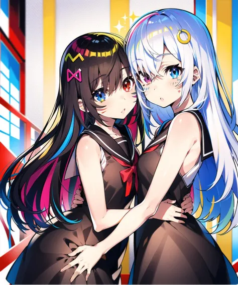 2girls,bangs,bare shoulders,red eyes,blue eyes,facial mark,collarbone,eyebrows visible through hair,abstract background,hair ornament,long hair,looking at viewer,cowboy shot,hair between eyes,parted lips,hairclip,silver hair,blue hair,multicolored hair,multicolored eyes,heterochromia,colorful,school uniform,black hair,hug from behind,ribbon,barefoot,sleeveless dress,black dress,serafuku,sailor dress,striped bow,hair bow,<lora:style_mika_pikazo_v1-000016:1>,