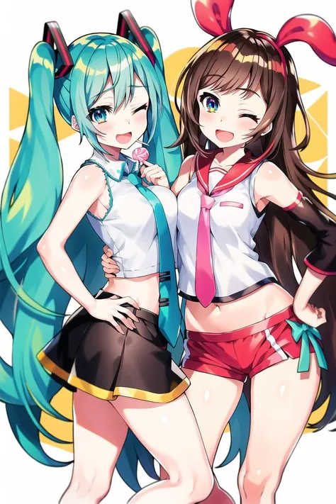 virtual youtuber,2girls,kizuna ai,hatsune miku,collared shirt,white shirt,sleeveless shirt,black skirt,necktie,twintails,multicolored hair,blue eyes,aqua eyes,very long hair,bangs,blue hair,aqua hair,sidelocks,two-tone hair,bare arms,hair ribbon,parted lips,hand on hip,looking at viewer,bare shoulders,hand up,blush,holding lollipop,smile,one eye closed,brown hair,detached sleeves,open mouth,midriff,;),sailor collar,pink hairband,leg up,standing,red shorts,standing on one leg,crop top,white footwear,bare shoulders,leaning forward,chinese clothes,<lora:style_mika_pikazo_v1:1>,