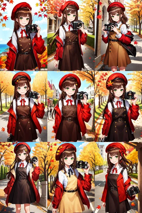 colorful,1girl,solo,(holding camera:1.2),long hair,hat,red headwear,jewelry,earrings,brown hair,long sleeves,shirt,smile,looking at viewer,bangs,white shirt,beret,belt,outdoors,autumn leaves,closed mouth,neck ribbon,ribbon,open clothes,jacket,hair ornament,green eyes,black ribbon,off shoulder,standing,autumn,day,collared shirt,red jacket,maple leaf,open jacket,brown dress,pinafore dress,arm up,<lora:style_mika_pikazo_v1:0.9>,