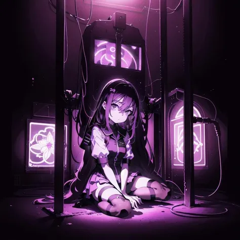 (masterpiece), 1girl, slight smile, high contrast, simplicity, sitting by the tree, (purple neon prison), (((monochrome prison cells))), ((black background)), (dark purple prison lights), mid close, full body <lora:style_mika_pikazo_v3:1>