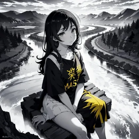 (masterpiece), 1girl, slight smile, high contrast, simplicity, sitting by the tree, (yellow river), (((monochrome river))), ((black background)), (dark yellow clouds)  <lora:style_mika_pikazo_v3:1>