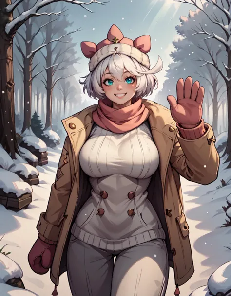 score_9, score_8_up, score_7_up,  <lora:EPggElphelt:0.8> EPggElphelt,, white hair, short hair, ahoge, hair between eyes, aqua eyes, large breasts, woolly hat, scarf, mittens, puffy coat, woolly sweater, baggy pants, smiling, blush, looking at viewer, outside, snowing, in forest, one arm up, waving,