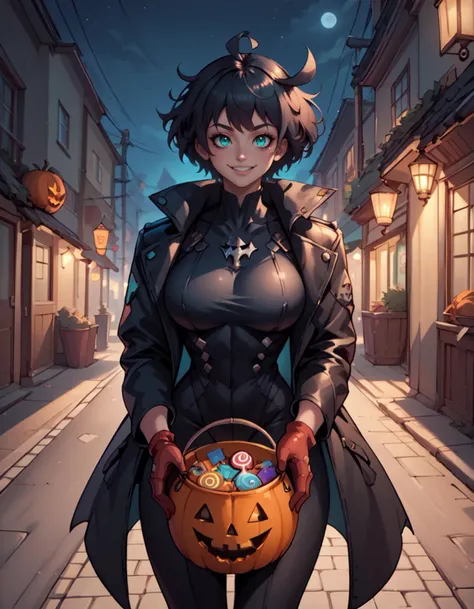 score_9, score_8_up, score_7_up, <lora:EPggElphelt:0.8> EPggElphelt, black hair, short hair, messy hair, ahoge, aqua eyes, large breasts, black bodysuit, red gloves, , long black leather coat, looking at viewer, holding halloween bucket filled with candy, in street, night, moonlight, smiling,