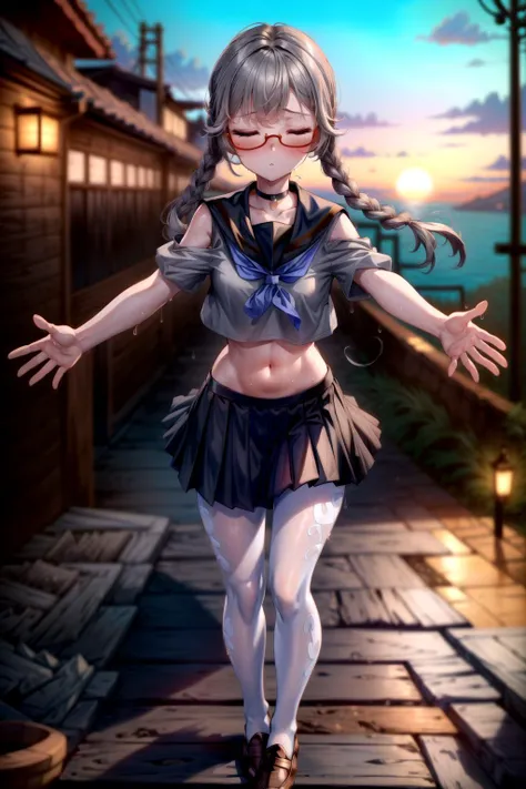 <lora:tangbohu_blurbg_v2:3>, <lora:add_detail:1>,
extremely detailed CG unity 8k wallpaper, 32k, focus sharp, high quality, highly detailed, anime screencap, cinematic lighting, cinematic bloom, masterpiece, best quality, ultra detailed background, delicate pattern, intricate detail, clean, flawless, professional artwork, famous artwork,
perfect face, beautiful face, beautiful detailed eyes, perfect female body, elegant, symmetry, beautiful, gorgeous, gorgeous female, goddess, nsfw, sexy, hot, attractive, charming, alluring, seductive, erotic, enchanting, perfect skin, clean skin, soft skin, collarbone, aesthetic, 1 girl, solo, choker,
(((extremely narrow shoulders, tall body height, perfect linea alba, extremely slim arms, extremely slim body))),
thick thighs, thick ass, large ass, huge ass, ass, thigh gap, sexy hips, (((slim stomach, flat stomach))),
<lora:microwaist:0.2>, microwaist,
<lora:Perky-Breasts-V3:0.1>, breasts,
<lora:sweat_lotion_v2:0.24>, sweat body, sweat face, sweat legs, sweat arms, sweat stomach, sweat shoulders, sweat breasts,
<lora:kisaragi_tomi:0.4>, (((kisaragi_tomi, school uniform, long skirt, pantyhose, serafuku, shoes, red-framed eyewear, loafers, black skirt, white pantyhose, pleated skirt, brown footwear, sailor collar))),
<lora:Sky:0.4>, (((beautiful blue sky, beautiful sunset, beautiful landscape, large area sky, beautiful puffy clouds, beautiful Japan, beautiful sea, outdoors))),
<lora:incominghugAlpha16:0.8>, (((incoming kiss and hug))), closed eyes, (((upper body))),