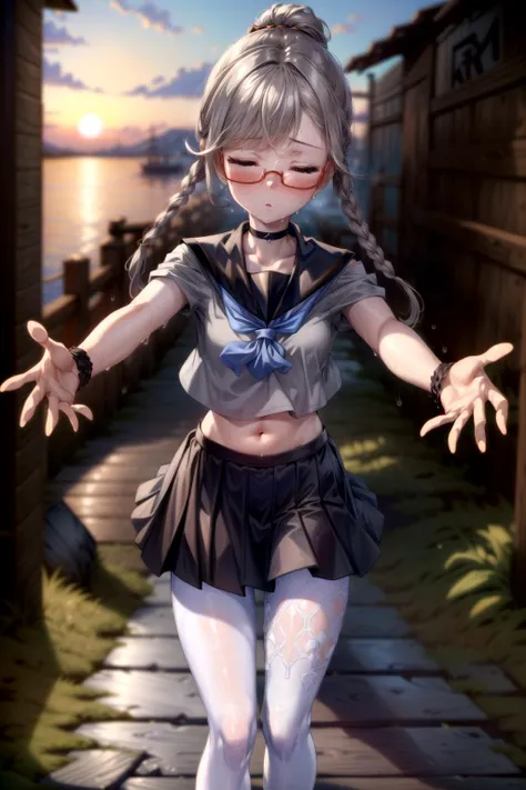 <lora:tangbohu_blurbg_v2:3>, <lora:add_detail:1>,
extremely detailed CG unity 8k wallpaper, 32k, focus sharp, high quality, highly detailed, anime screencap, cinematic lighting, cinematic bloom, masterpiece, best quality, ultra detailed background, delicate pattern, intricate detail, clean, flawless, professional artwork, famous artwork,
perfect face, beautiful face, beautiful detailed eyes, perfect female body, elegant, symmetry, beautiful, gorgeous, gorgeous female, goddess, nsfw, sexy, hot, attractive, charming, alluring, seductive, erotic, enchanting, perfect skin, clean skin, soft skin, collarbone, aesthetic, 1 girl, solo, choker,
(((extremely narrow shoulders, tall body height, perfect linea alba, extremely slim arms, extremely slim body))),
thick thighs, thick ass, large ass, huge ass, ass, thigh gap, sexy hips, (((slim stomach, flat stomach))),
<lora:microwaist:0.2>, microwaist,
<lora:Perky-Breasts-V3:0.1>, breasts,
<lora:sweat_lotion_v2:0.24>, sweat body, sweat face, sweat legs, sweat arms, sweat stomach, sweat shoulders, sweat breasts,
<lora:kisaragi_tomi:0.4>, (((kisaragi_tomi, school uniform, long skirt, pantyhose, serafuku, shoes, red-framed eyewear, loafers, black skirt, white pantyhose, pleated skirt, brown footwear, sailor collar))),
<lora:Sky:0.4>, (((beautiful blue sky, beautiful sunset, beautiful landscape, large area sky, beautiful puffy clouds, beautiful Japan, beautiful sea, outdoors))),
<lora:incominghugAlpha16:0.8>, (((incoming kiss and hug))), closed eyes, (((upper body))),