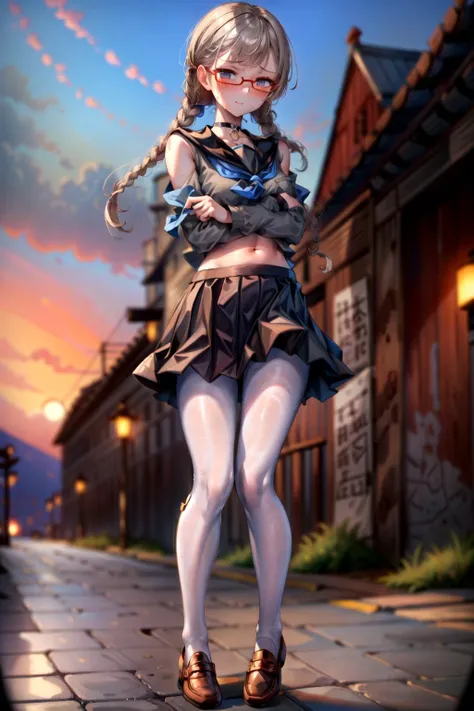 <lora:tangbohu_blurbg_v2:3>, <lora:add_detail:1>,
extremely detailed CG unity 8k wallpaper, 32k, focus sharp, high quality, highly detailed, anime screencap, cinematic lighting, cinematic bloom, masterpiece, best quality, ultra detailed background, delicate pattern, intricate detail, clean, flawless, professional artwork, famous artwork,
perfect face, beautiful face, beautiful detailed eyes, perfect female body, elegant, symmetry, beautiful, gorgeous, gorgeous female, goddess, nsfw, sexy, hot, attractive, charming, alluring, seductive, erotic, enchanting, perfect skin, clean skin, soft skin, collarbone, aesthetic, 1 girl, solo, choker,
(((extremely narrow shoulders, tall body height, perfect linea alba, extremely slim arms, extremely slim body))),
thick thighs, thick ass, large ass, huge ass, ass, thigh gap, sexy hips, (((slim stomach, flat stomach))),
<lora:microwaist:0.2>, microwaist,
<lora:Perky-Breasts-V3:0.1>, breasts,
<lora:sweat_lotion_v2:0.24>, sweat body, sweat face, sweat legs, sweat arms, sweat stomach, sweat shoulders, sweat breasts,
<lora:kisaragi_tomi:0.4>, (((kisaragi_tomi, school uniform, long skirt, pantyhose, serafuku, shoes, red-framed eyewear, loafers, black skirt, white pantyhose, pleated skirt, brown footwear, sailor collar))),
<lora:skirt_tug_v0.1:1>, skirt tug,
<lora:Sky:0.4>, (((beautiful blue sky, beautiful sunset, beautiful landscape, large area sky, beautiful puffy clouds, beautiful Japan, beautiful sea, outdoors))),
<lora:half-closed_eyes:0.1>, half-closed eyes, seductive eyes, (((seductive look))), blush, looking at viewer,
<lora:qqq-lips_licking-v1:0.5>, licking lips,
(((viewed from below)))