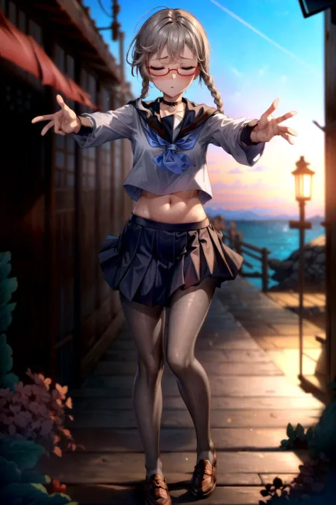 <lora:tangbohu_blurbg_v2:3>, <lora:add_detail:1>,
extremely detailed CG unity 8k wallpaper, 32k, focus sharp, high quality, highly detailed, anime screencap, cinematic lighting, cinematic bloom, masterpiece, best quality, ultra detailed background, delicate pattern, intricate detail, clean, flawless, professional artwork, famous artwork,
perfect face, beautiful face, beautiful detailed eyes, perfect female body, elegant, symmetry, beautiful, gorgeous, gorgeous female, goddess, nsfw, sexy, hot, attractive, charming, alluring, seductive, erotic, enchanting, perfect skin, clean skin, soft skin, collarbone, aesthetic, 1 girl, solo, choker,
(((extremely narrow shoulders, tall body height, perfect linea alba, extremely slim arms, extremely slim body))),
thick thighs, thick ass, large ass, huge ass, ass, thigh gap, sexy hips, (((slim stomach, flat stomach))),
<lora:microwaist:0.2>, microwaist,
<lora:Perky-Breasts-V3:0.1>, breasts,
<lora:sweat_lotion_v2:0.24>, sweat body, sweat face, sweat legs, sweat arms, sweat stomach, sweat shoulders, sweat breasts,
<lora:kisaragi_tomi:0.4>, (((kisaragi_tomi, school uniform, long skirt, pantyhose, serafuku, shoes, red-framed eyewear, loafers, black skirt, white pantyhose, pleated skirt, brown footwear, sailor collar))),
<lora:Sky:0.4>, (((beautiful blue sky, beautiful sunset, beautiful landscape, large area sky, beautiful puffy clouds, beautiful Japan, beautiful sea, outdoors))),
<lora:incominghugAlpha16:0.8>, (((incoming kiss and hug))), closed eyes, (((upper body))),
