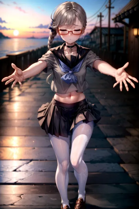 <lora:tangbohu_blurbg_v2:3>, <lora:add_detail:1>,
extremely detailed CG unity 8k wallpaper, 32k, focus sharp, high quality, highly detailed, anime screencap, cinematic lighting, cinematic bloom, masterpiece, best quality, ultra detailed background, delicate pattern, intricate detail, clean, flawless, professional artwork, famous artwork,
perfect face, beautiful face, beautiful detailed eyes, perfect female body, elegant, symmetry, beautiful, gorgeous, gorgeous female, goddess, nsfw, sexy, hot, attractive, charming, alluring, seductive, erotic, enchanting, perfect skin, clean skin, soft skin, collarbone, aesthetic, 1 girl, solo, choker,
(((extremely narrow shoulders, tall body height, perfect linea alba, extremely slim arms, extremely slim body))),
thick thighs, thick ass, large ass, huge ass, ass, thigh gap, sexy hips, (((slim stomach, flat stomach))),
<lora:microwaist:0.2>, microwaist,
<lora:Perky-Breasts-V3:0.1>, breasts,
<lora:sweat_lotion_v2:0.24>, sweat body, sweat face, sweat legs, sweat arms, sweat stomach, sweat shoulders, sweat breasts,
<lora:kisaragi_tomi:0.4>, (((kisaragi_tomi, school uniform, long skirt, pantyhose, serafuku, shoes, red-framed eyewear, loafers, black skirt, white pantyhose, pleated skirt, brown footwear, sailor collar))),
<lora:Sky:0.4>, (((beautiful blue sky, beautiful sunset, beautiful landscape, large area sky, beautiful puffy clouds, beautiful Japan, beautiful sea, outdoors))),
<lora:incominghugAlpha16:0.8>, (((incoming kiss and hug))), closed eyes, (((upper body))),
