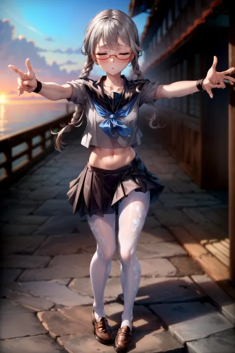 <lora:tangbohu_blurbg_v2:3>, <lora:add_detail:1>,
extremely detailed CG unity 8k wallpaper, 32k, focus sharp, high quality, highly detailed, anime screencap, cinematic lighting, cinematic bloom, masterpiece, best quality, ultra detailed background, delicate pattern, intricate detail, clean, flawless, professional artwork, famous artwork,
perfect face, beautiful face, beautiful detailed eyes, perfect female body, elegant, symmetry, beautiful, gorgeous, gorgeous female, goddess, nsfw, sexy, hot, attractive, charming, alluring, seductive, erotic, enchanting, perfect skin, clean skin, soft skin, collarbone, aesthetic, 1 girl, solo, choker,
(((extremely narrow shoulders, tall body height, perfect linea alba, extremely slim arms, extremely slim body))),
thick thighs, thick ass, large ass, huge ass, ass, thigh gap, sexy hips, (((slim stomach, flat stomach))),
<lora:microwaist:0.2>, microwaist,
<lora:Perky-Breasts-V3:0.1>, breasts,
<lora:sweat_lotion_v2:0.24>, sweat body, sweat face, sweat legs, sweat arms, sweat stomach, sweat shoulders, sweat breasts,
<lora:kisaragi_tomi:0.4>, (((kisaragi_tomi, school uniform, long skirt, pantyhose, serafuku, shoes, red-framed eyewear, loafers, black skirt, white pantyhose, pleated skirt, brown footwear, sailor collar))),
<lora:Sky:0.4>, (((beautiful blue sky, beautiful sunset, beautiful landscape, large area sky, beautiful puffy clouds, beautiful Japan, beautiful sea, outdoors))),
<lora:incominghugAlpha16:0.8>, (((incoming kiss and hug))), closed eyes, (((upper body))),