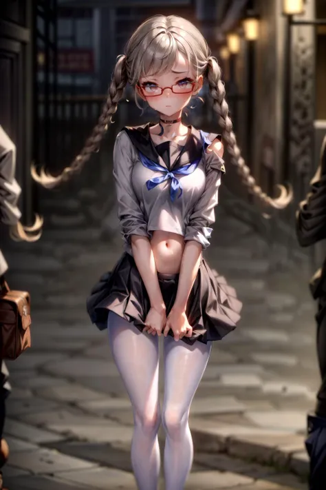 <lora:tangbohu_blurbg_v2:3>, <lora:add_detail:1>,
extremely detailed CG unity 8k wallpaper, 32k, focus sharp, high quality, highly detailed, anime screencap, cinematic lighting, cinematic bloom, masterpiece, best quality, ultra detailed background, delicate pattern, intricate detail, clean, flawless, professional artwork, famous artwork,
perfect face, beautiful face, beautiful detailed eyes, perfect female body, elegant, symmetry, beautiful, gorgeous, gorgeous female, goddess, nsfw, sexy, hot, attractive, charming, alluring, seductive, erotic, enchanting, perfect skin, clean skin, soft skin, collarbone, aesthetic, 1 girl, solo, choker, looking at viewer,
(((extremely narrow shoulders, tall body height, perfect linea alba, extremely slim arms, extremely slim body))),
thick thighs, thick ass, large ass, huge ass, ass, thigh gap, sexy hips, (((slim stomach, flat stomach))),
<lora:microwaist:0.2>, microwaist,
<lora:Perky-Breasts-V3:0.1>, breasts,
<lora:sweat_lotion_v2:0.24>, sweat body, sweat face, sweat legs, sweat arms, sweat stomach, sweat shoulders, sweat breasts,
<lora:kisaragi_tomi:0.4>, (((kisaragi_tomi, school uniform, long skirt, pantyhose, serafuku, shoes, red-framed eyewear, loafers, black skirt, white pantyhose, pleated skirt, brown footwear, sailor collar))),
<lora:school_outdoors_v0.2:1>, school,
<lora:skirt_tug_v0.1:1>, skirt tug,