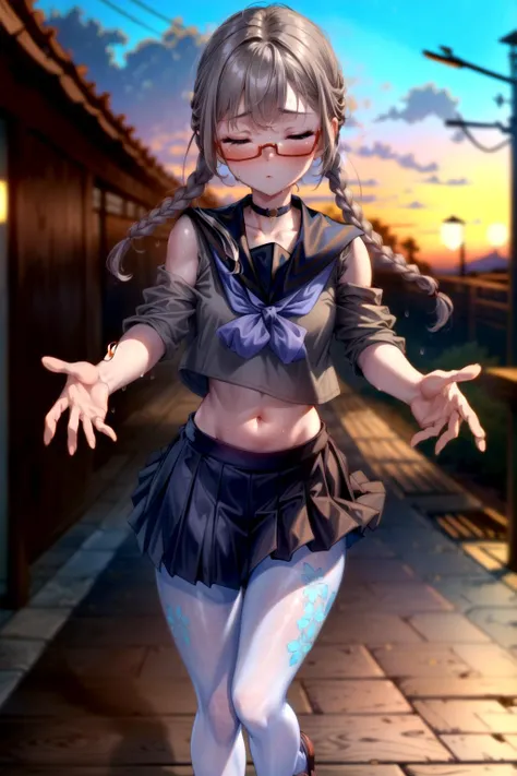 <lora:tangbohu_blurbg_v2:3>, <lora:add_detail:1>,
extremely detailed CG unity 8k wallpaper, 32k, focus sharp, high quality, highly detailed, anime screencap, cinematic lighting, cinematic bloom, masterpiece, best quality, ultra detailed background, delicate pattern, intricate detail, clean, flawless, professional artwork, famous artwork,
perfect face, beautiful face, beautiful detailed eyes, perfect female body, elegant, symmetry, beautiful, gorgeous, gorgeous female, goddess, nsfw, sexy, hot, attractive, charming, alluring, seductive, erotic, enchanting, perfect skin, clean skin, soft skin, collarbone, aesthetic, 1 girl, solo, choker,
(((extremely narrow shoulders, tall body height, perfect linea alba, extremely slim arms, extremely slim body))),
thick thighs, thick ass, large ass, huge ass, ass, thigh gap, sexy hips, (((slim stomach, flat stomach))),
<lora:microwaist:0.2>, microwaist,
<lora:Perky-Breasts-V3:0.1>, breasts,
<lora:sweat_lotion_v2:0.24>, sweat body, sweat face, sweat legs, sweat arms, sweat stomach, sweat shoulders, sweat breasts,
<lora:kisaragi_tomi:0.4>, (((kisaragi_tomi, school uniform, long skirt, pantyhose, serafuku, shoes, red-framed eyewear, loafers, black skirt, white pantyhose, pleated skirt, brown footwear, sailor collar))), 
<lora:Sky:0.4>, (((beautiful blue sky, beautiful sunset, beautiful landscape, large area sky, beautiful puffy clouds, beautiful Japan, beautiful sea, outdoors))),
<lora:incominghugAlpha16:0.8>, (((incoming kiss and hug))), closed eyes, (((upper body))),
