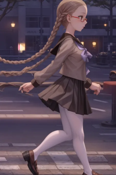 ((masterpiece,best quality, detailed)), ultra-detailed, detailed hair, hard rim lighting,((dramatic lighting)),kisaragi_tomi, 1girl, solo, school uniform, skirt, pantyhose, serafuku, stairs, shoes, red-framed eyewear, loafers, black skirt, white pantyhose, pleated skirt, brown footwear, sailor collar, walking, from side