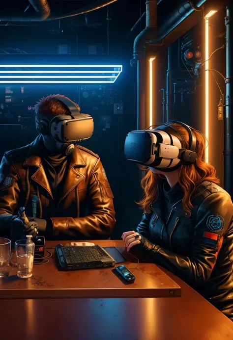 ((dark noir style)), night time, (dark:1.3),( neon lighting:1.3), a family that are totally merged with machines, (wiring entering through the skin:1.3), (computing devices, vr masks, respirator tubes, augmented humanity, tube pipes and wires everywhere, sitting at the dinner table:1.7), dark dingy metallic, (unconscious people on life support, father, mother, daughter, son:1.4), robotic, cyborg, (rusted:1.3), ((best quality)), ((masterpiece)), ((ultra realistic)), beautiful intricately detailed soft oil painting,
