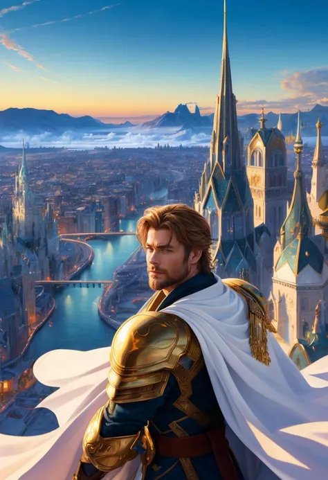 (1man:1.5), Chris Hemsworth|(hugh jackman:0.8), Thor from the avengers standing on the rainbow bridge with the scifi majestic Asgard city in the background, windblown cape, (vast sprawling white fantasy city, white fluted spires, gold rooftops, epic domes, clear sunny sky:1.3), highly detailed, depth of field, ((close upper body portrait)), ((best quality)), ((masterpiece)), ((ultra realistic)), beautiful intricately detailed soft oil painting,
