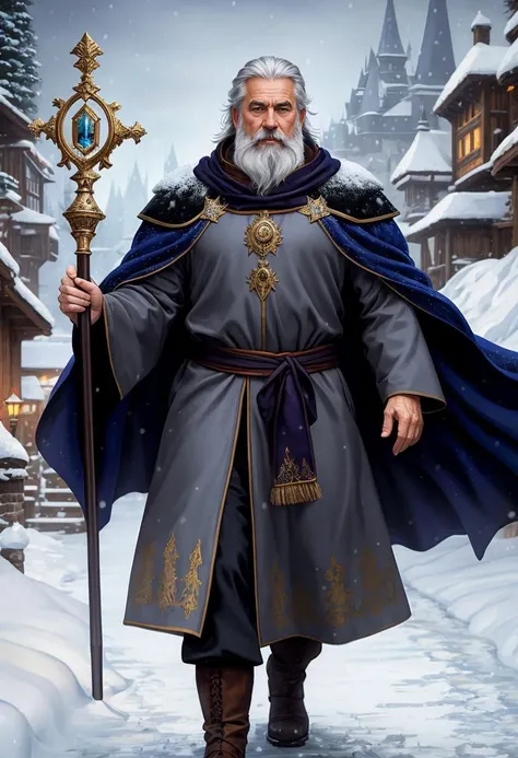((dark fantasy style)), old wizard standing on a path in a snow storm, billowing embroidered robes, grey hair, long grey beard, staff, vast snowy mountain range, blizzard, sprawling medieval city in the distance, ((best quality)), ((masterpiece)), ((ultra realistic)), beautiful intricately detailed soft oil painting,