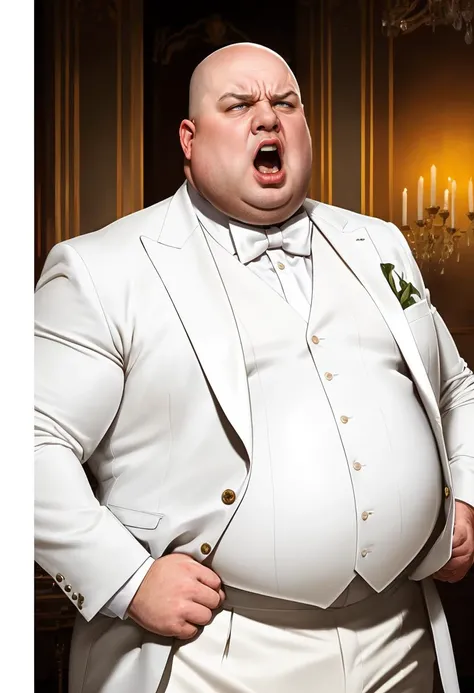 ((masterpiece)), ((ultra realistic)), beautiful intricately detailed soft oil painting,((body portrait, body shot)), ((bald)), The Kingpin( standing:1.2) at the head of a long opulent marble dining table, bald, screaming in rage, (bloody clenched fists:1.2), ((fat, tall:1.1), morbidly obese, huge, strong, fat bodybuilder, ugly, angry sinister expression, evil eyes, pale skin, (wearing a pristine expensive white tuxedo, white trousers, white shoes:1.1), frown, sunken eyes, (bald:1.1), liver spots:1.2), sweaty, (lavish decor, banquette:1.2), ((best quality)),
