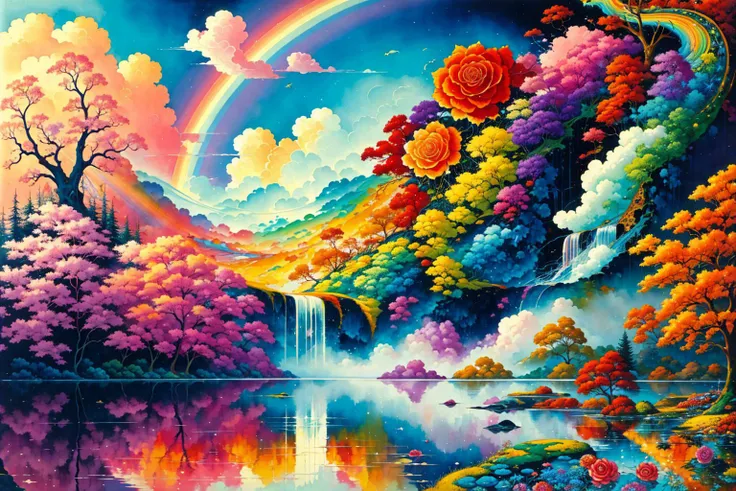 epic waterfall, rainbow, foggy lake, sunbeams, [dense forest:giant roses:0.4], style of Hiroshi Yoshida, 4k, absurdres, intricately detailed AND style of Hannah Yata