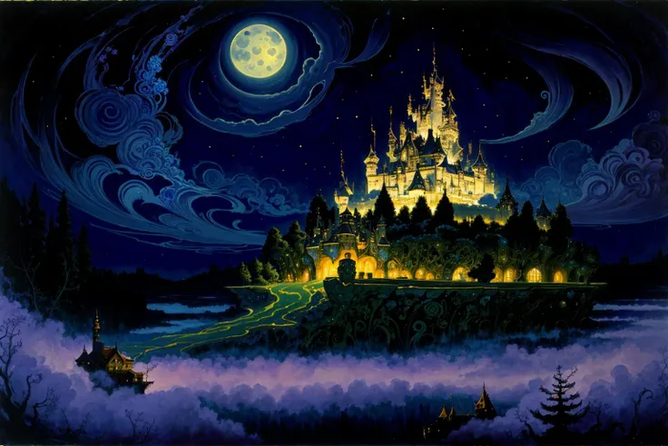 castle floating in the clouds, at night, moonlight, AND_SALT style of Hannah Yata <lora:epiNoiseoffset_v2-pynoise:1>