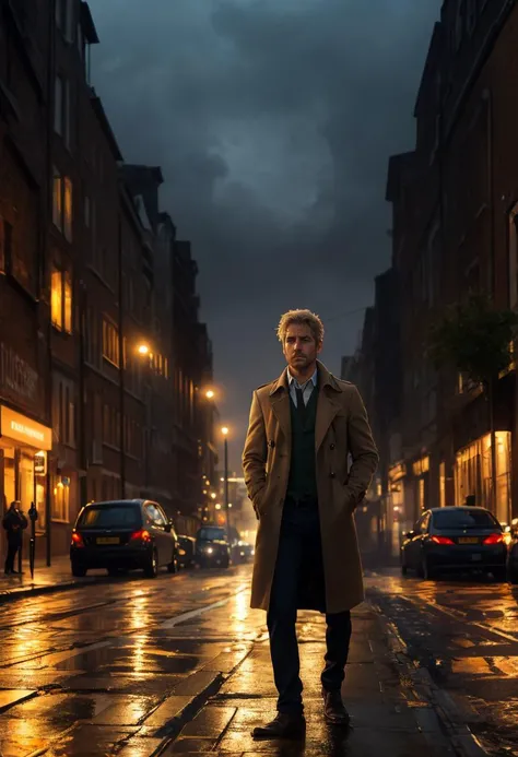 ((body portrait,body shot)),John Constantine walking the dreary streets of London,(old battered tattered) beige trench-coat,open white shirt,loose tie,grizzled face,(weary eyes,grim expression,harrowed look,somber:1.3),messy short blonde hair,hands in pockets,gray overcast sky,puddles,reflections,highly detailed,professional,soft volumetric lighting,realistic,((best quality)),((masterpiece)),((ultra realistic)),beautiful intricately detailed soft oil painting,