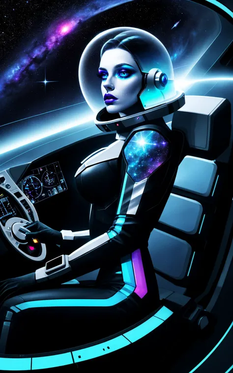 (beautiful busty skinny british woman sitting in spaceship cockpit looking over shoulder at viewer:1.2), (cute face, over the shoulder:1.1), (movie still:1.1), side view, (spaceship cockpit:1.1), glowing holographic instruments, (beautiful face:1.11), from behind, smart fabric flightsuit:1.1, lightweight structured jacket with sharp geometric lines, utility belt, kneehigh boots, fingerless gloves, (large spaceship cockpit with highly polished flooring and stellar view), backlit hair, perfect face, feminine physique, (pale freckles:0.6), (black and silver accents), perfect eyes, low key, joystick++, thin pouting lips, (white++ bob hair, ombre tips:1.2), wide set soft+ turquoise++ eyes, skin pores, (small retrousse nose:1.2), (pale skin), supernova, dramatic angle, eyelid shimmer makeup, silver eyeshadow, iridescent cheekbones, muted rose lips, deep space blue, (available light:0.7), BREAK, starlight silver, nebula pink, black hole black, planetary rings, asteroid clusters, geometric shapes, angular contours, Holographic control panels, chiaroscuro effects, reflective surfaces, starfilled skies, distant galaxies, shimmering surfaces, iridescent scifi materials, clean lines, modernistic details  [:HairDetail fFaceDetail:0.5]