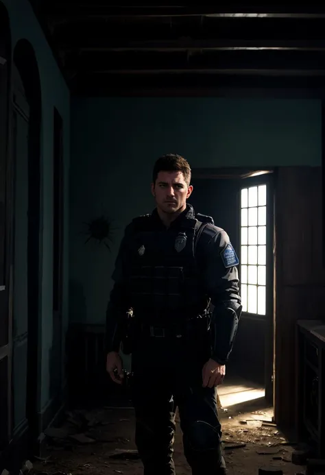 official cgi concept art,untiy 8k wallpaper,beautiful and aesthetic,beautiful,close up octane render,skin texture,3d art,blender,sfm,vfx,((dark,deep shadows,night time,body portrait)),Chris Redfield standing in a huge dilapidated deserted opulent dining room with a grandfather clock and long dining table in the background,holding a a combat knife,wearing (combat armor,bullet proof vest:1.2) over a police uniform,night time,dusty,spooky,grim,shaft of moon light,stained wall paper