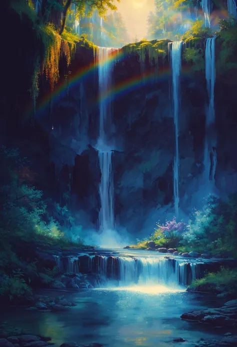 ((best quality)), ((masterpiece)), ((ultra realistic)), ((night)), award winning soft oil painting trending on artstation of a cascading rainbow waterfall,