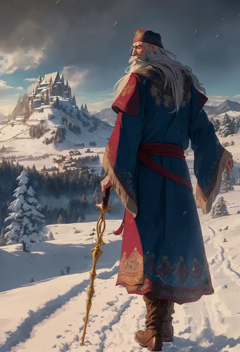 ((best quality)), ((masterpiece)), ((ultra realistic)), old wizard standing on a path in a snow storm, billowing embroidered robes, long beard, staff, vast snowy mountain range, blizzard, sprawling medieval city in the distance,