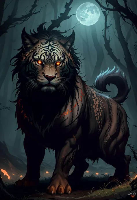 ((best quality)), ((masterpiece)), ((inked)), darkly moody professional intricate soft oil painting, by jim lee, of an evil gnarled giant feline beast, terrifying and huge with glowing eyes and needle sharp teeth, full body, wrathful nature god, intricately detailed vines and bark, angry expression,  moonlight, deep shadows, depth of field, film grain, smooth, roughness, real life,backlit, hard edge lighting,