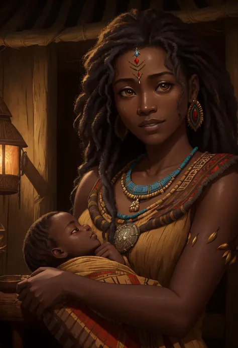 ((best quality)), ((masterpiece)), ((ultra realistic)), ((dark fantasy style)), beautiful intricately detailed soft oil painting by jim lee, a tired but happy african tribal mother cradling her newborn baby, dimly lit mud hut interior, (tribal dress:1.3), intimate, soft facial features, tribal, highly detailed, professional, 8k, uhd, soft volumetric lighting, depth of field, film grain, smooth, roughness, real life, soft warm vibrant color palette, (Viola Davis|Kerry Washington|Beyonc:0.5)