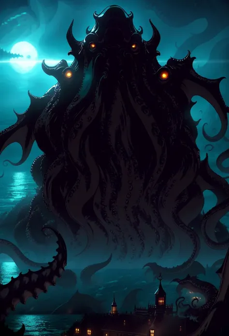 ((best quality)), ((masterpiece)), ((ultra realistic)), ((dark fantasy style)), darkly moody professional intricate soft oil painting, by jim lee, ,( imposing giant evil royal cthulhu monster rising from the sea:1.5), squid face, sitting on his throne, smooth translucent skin, subsurface scattering, detailed pale eggshell sickly wet skin, tentacle fingers, terrible, regal, hideous, towering over a coastal town, (backlit:1.3), highres, depth of field, (deep shadows:1.2), high detail, sharp focus, smooth, roughness, real life, backlit,