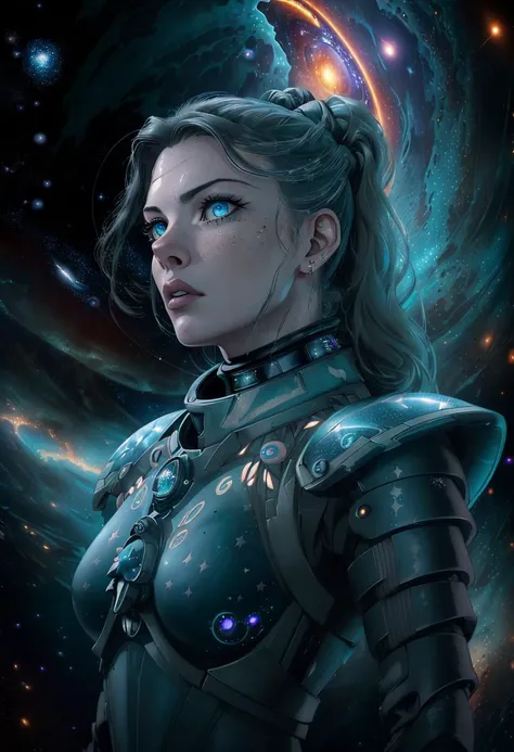 ((best quality)), ((masterpiece)), ((ultra realistic)), ((dark cyberpunk style)), beautiful intricately detailed soft oil painting, blonde braided ponytail, body portrait of a female scifi warrior, ((wearing skin tight skimpy sexy futuristic armor)), beautiful highly detailed blue eyes, freckles, thick black eyeliner, black eye shadow, wide eyed wonder, (terrifying tempestuous cosmic blackhole background, divergent energies, galactic, sea of stars:1.5), (liv tyler|Katheryn Winnick),  smooth, roughness, cinematic film still from metriod|the expanse|(star trek beyond:0.8)|blade runner|interstellar,