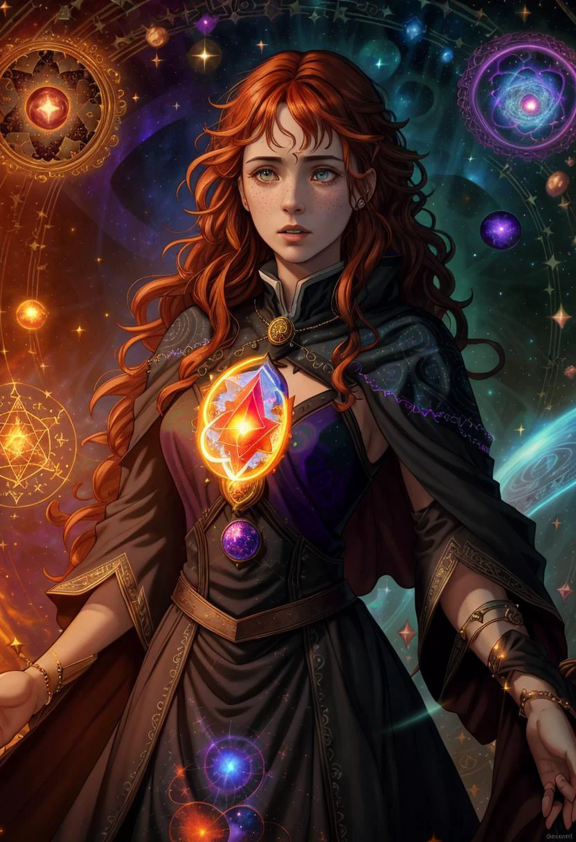 ((best quality)), ((masterpiece)), ((dark fantasy style)), ((dynamic action pose)), 1girl, majestic intricately detailed soft oil painting by jim lee, close up upper-body portrait,(a stunningly gorgeous worried long haired ginger sorceress standing in a glowing runic summoning circle:1.3), (soft facial features:1.3), freckles, detailed mesmerizing eyes, intricately embroidered open robes, piercings, (arcane magical symbols:1.4), (cosmic fractals, Mandelbrot swirling magical spectrum energies everywhere:1.6), Deborah Ann Woll|(Karen Gillan:0.7)|(Emma Watson:0.8), (in a dark arcane library:1.1), (glowing sparks:1.2), hard edge lighting, professional, soft volumetric lighting, depth of field, film grain, smooth, roughness, real life, cinematic film still from doctor strange|(cannibal holocaust:0.1)|game of thrones:0.3)|(vikings:0.3)|Scary Stories To Tell In the Dark|doom